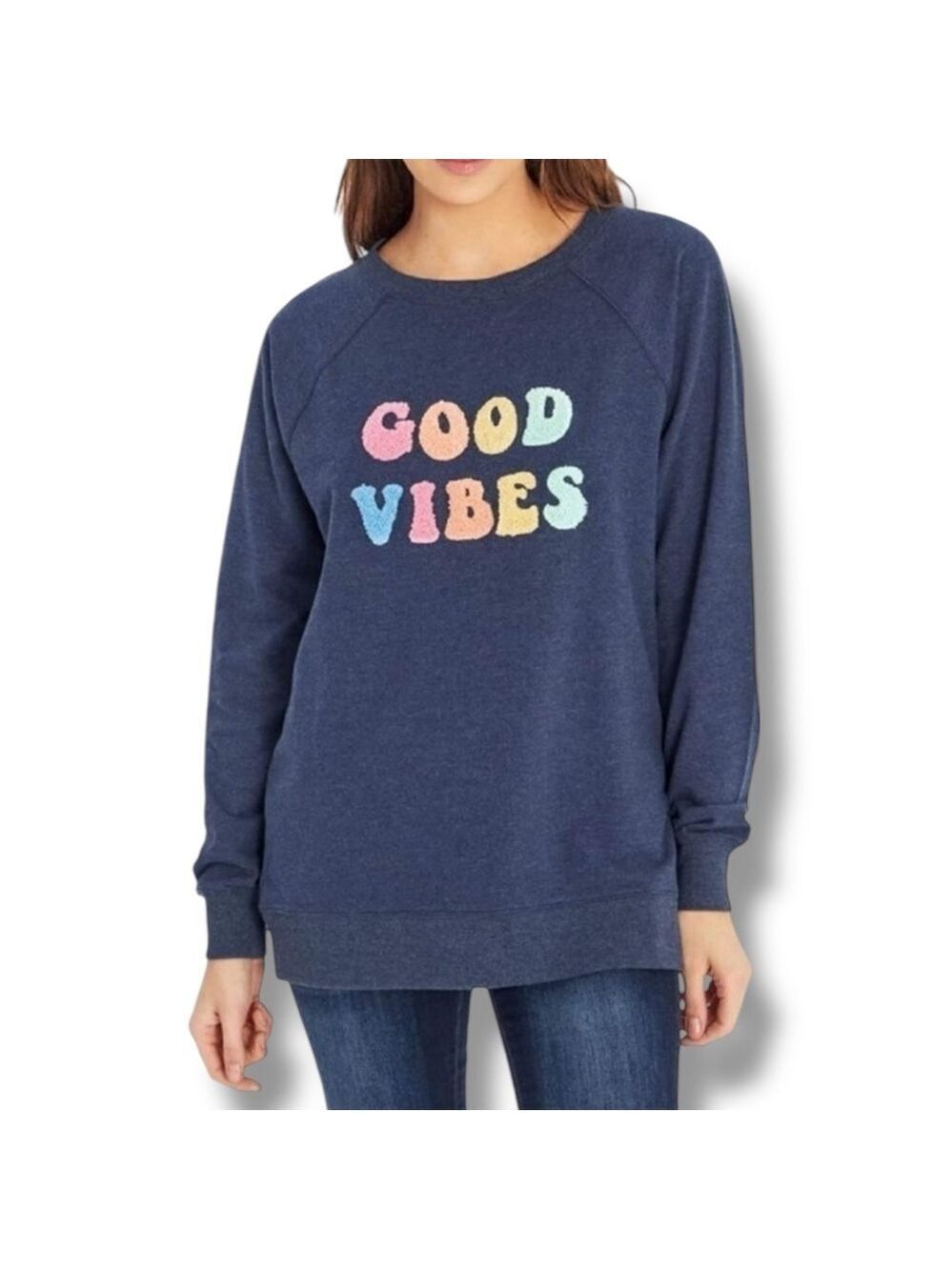 Wildfox Navy Heather Blue Soft Oversized Good Vibes Sweatshirt - Small